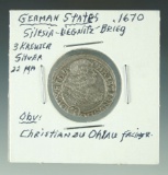 German States Silesia-Liegnitz-Brieg 1670 Silver 3 Kreuzer VF