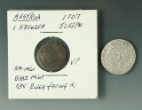 Austria 1707 Silver 1 Kreuzer VF and 1714 Silver 3 Kreuzer VF Details