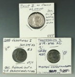 3 Roman Coins Phillip II as Caeser VF, Valentinian I 364 – 375 AD F & Theodosius 379 – 395 AD