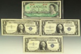1935 E, 1957 & 1957 A Silver Certificates VF-XF. 2 Canadian 1967 $1.00 Centennial Note