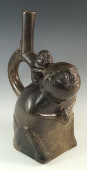 9 3/4" by 7" Chimu monkey effigy stirrup bottle from Peru. Deaccessioned Museum Artifact!