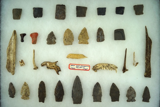 Group of assorted artifacts and items found at the East Steubenville site  put together 1965-1968.