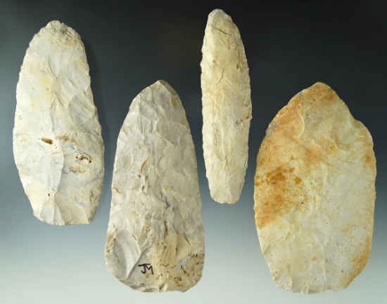 Set of four large Flint Blades found in Ohio, largest is 4 1/2". Ex. Dr. Jim Mills.