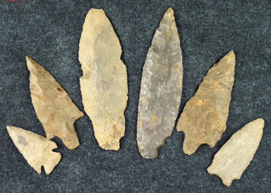 Six assorted arrowheads and knives most likely from Kentucky. Largest is 5 3/8". Ex. Dr. Mills.