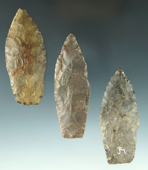 Set of three Paleo Lanceolates found in Ohio, largest is 2 13/16". Ex. Dr. Jim Mills.
