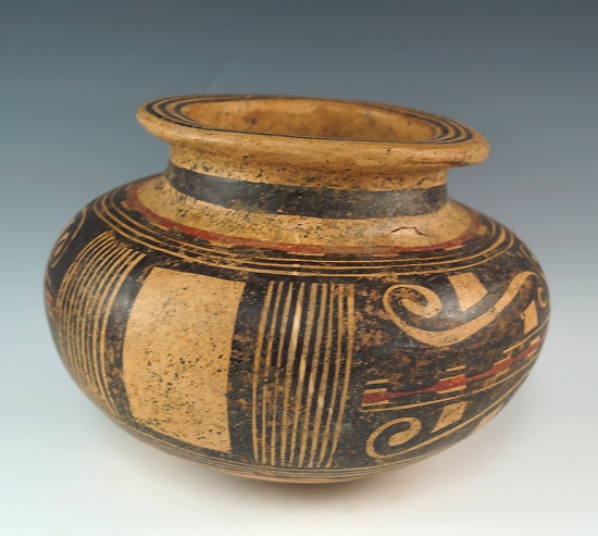 Polychrome Olla styled jar from Panama the measures 6" high by 9" wide.