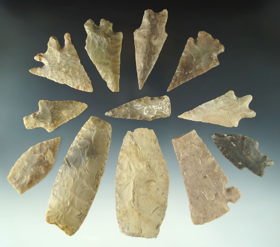 Large group of 12 assorted Texas arrowheads in various conditions.  Ex. Dr. Jim Mills.