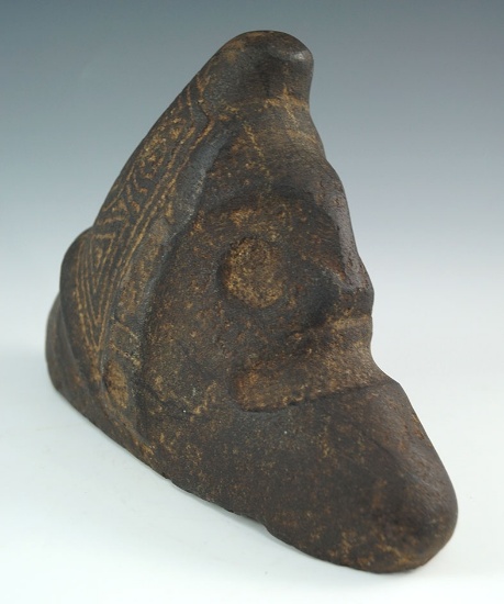 Massive size Taino three-pointer human effigy Zemi stone that measures 9" long and 6 1/2" high.