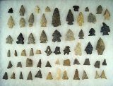 Large group of 59 assorted Ohio arrowheads found in Jefferson County Ohio. Ex. Howard Bell.