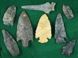 Nice set of eight assorted Ohio arrowheads, largest is 3 1/2