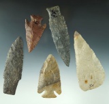 Set of five assorted restored arrowheads, largest is 4