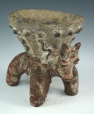 Standing dog effigy with decorated bowl on its back.  4 1/2