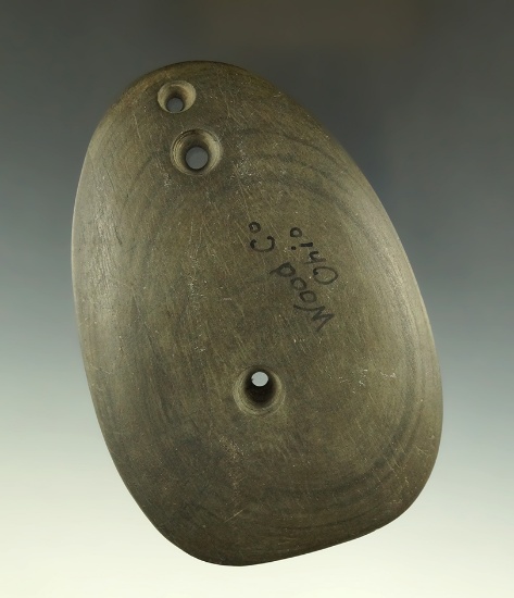 4 1/4" Glacial Kame 3 Hole Ovate Gorget - Wood Co., Ohio. Ex.Hooks, Pictured in Ohio Slate Types.