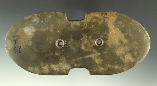 5 1/2" Glacial Kame Indented Gorget - Ohio. Ex. Gilbert Dilley, Pictured in Ohio Archaeologist.