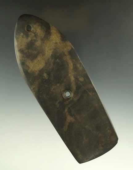 6 1/4" Glacial Kame Sandalsole Gorget made from Green and Tan Mottled Slate,  Lucas Co., Ohio.