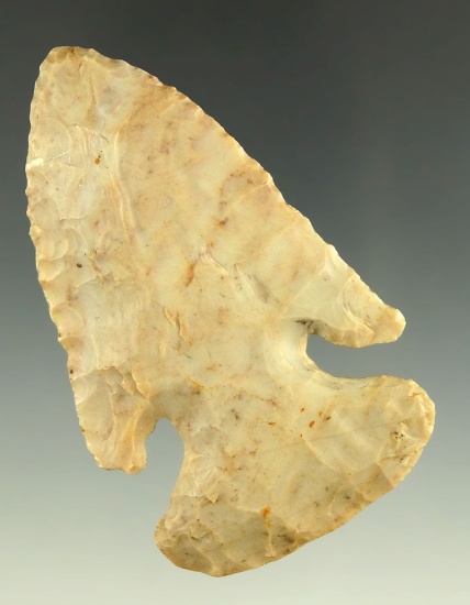 2 7/8" Archaic Thebes Dog Leg Bevel made from Tan Flint Ridge Flint, found in Franklin Co., Ohio.