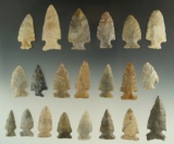 Group of 21 Assorted Archaic Period Arrowheads, found in Indiana and Ohio, largest is 2 3/16