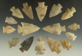 Set of 16 Assorted Archaic Period Arrowheads, found in Ohio, largest is 2 1/4