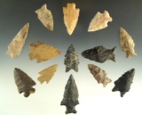 Set of 13 Assorted Arrowheads found in Ohio, largest is 2 5/16