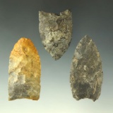 Set of 3 Paleo Points all found in Ohio, largest is 2 1/8