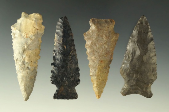Set of four assorted Ohio arrowheads, largest is 2 1/4".