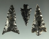Set of three obsidian arrowheads found in Oregon, largest is 1 3/16