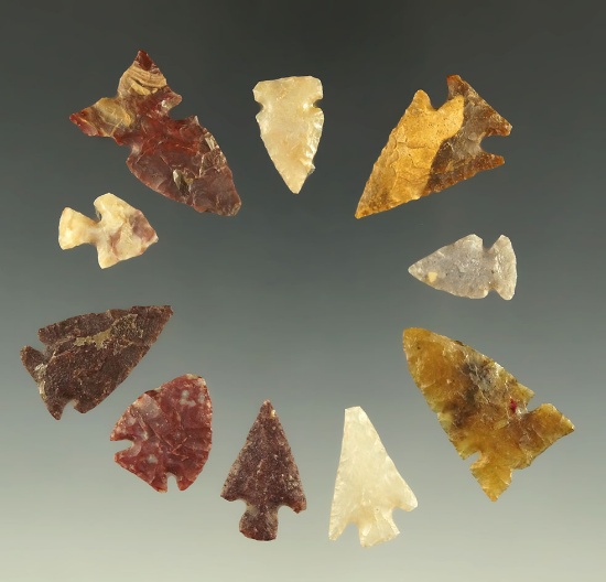 Set of 10 assorted arrowheads found in the Plains region, largest is 1 1/16".