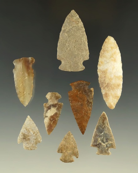 Set of eight assorted Plains area arrowheads, largest is 2".