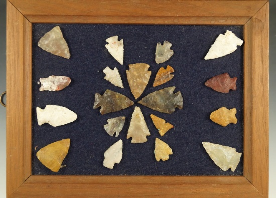 Frame of 20 Plains region arrowheads that are glued to a frame. Largest is 1 1/4".