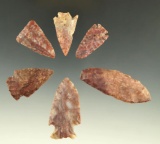 Set of six Alibates Flint arrowheads and Knives found in Kansas, largest is 2 5/16