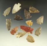 Set of 13 arrowheads found in the Plains region, largest is 1 9/16