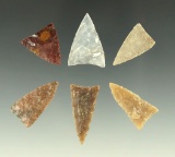 Set of six Triangular arrowheads found in the Plains region, largest is 1 1/16