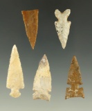 Set of five assorted arrowheads found in Kansas, all in nice condition. Largest is 1 9/16