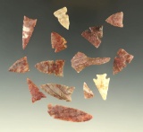 Set of 15 assorted Alibates and Tecovas arrowheads found in Kansas, largest is 1 1/16