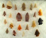 Group of 22 assorted arrowheads from various locations, largest is 1 1/2