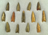 Set of 13 assorted Triangular Arrowheads from the Midwest/Southwest U. S. Largest is 1 5/8