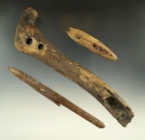 3 Alaska bone artifacts including a harpoon toggle, harpoon tip, and an adze/scraper handle.