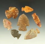 Set of seven assorted arrowheads found in Osborne County Kansas. Colorful materials.