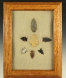 Set of seven assorted arrowheads in a wood frame from various locations, largest is 1 9/16