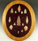 Set of 13 assorted arrowheads from various locations glued to a wood frame.