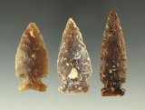 Set of three beautiful Knife River Flint arrowheads found in the Dakotas, largest is 2 1/16