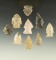 Set of nine assorted Ohio arrowheads, largest is 1 1/2