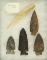 Frame of four arrowheads and a bone awl found near Warsaw Ohio. Largest is 3 3/16