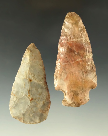 Pair of colorful Flint Ridge Flint Hopewell artifacts, largest is 3 1/16".