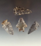 Set of four Coshocton Flint arrowheads found in Ohio, largest is 2 3/16