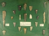 Framed group of assorted flint, shell & bone artifacts - 28th St. site in Boalsburg, West Virginia.