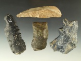 Set of four Paleo tools found in Ohio including a double shaft scraper, largest is 3 11/16