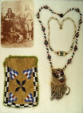 Set including two historic/contemporary necklaces an old vintage photograph and a beaded bag.
