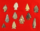 Framed group of 11 assorted arrowheads found in Mahoning Co., Ohio.