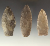 Set of three flaked artifacts found in Ohio including two Paleo Stemmed Lances.